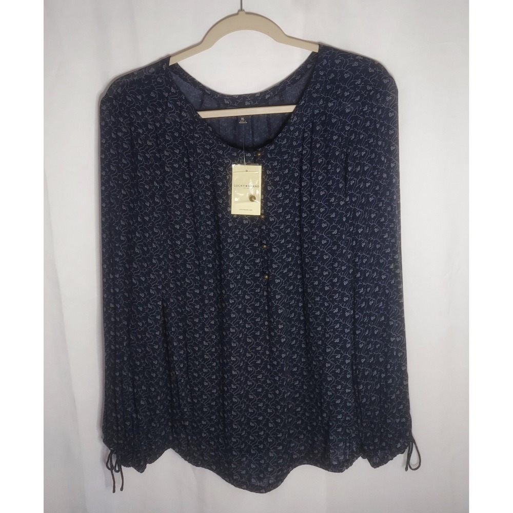 Lucky Brand Womens Indigo Navy Vine Print LS Peasant Blouse Boho Top Size XL NWT